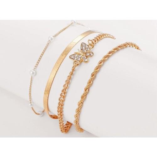 KISS WIFE New Golden Pearl Crystal Butterfly Bracelet For Women Bohemian Thin Chain Bracelets Set Fashion Jewelry 2021 Trend