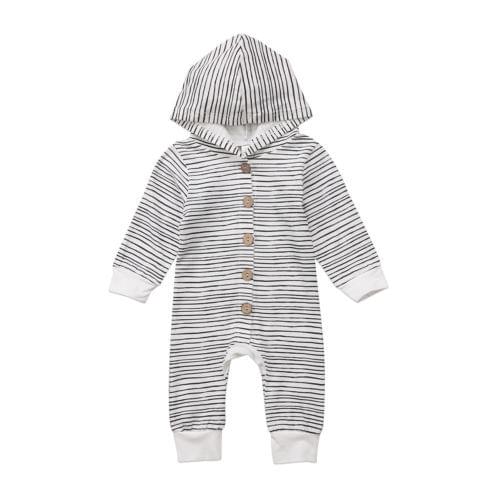 Long sleeve Buttons Decor Stripe Hooded Romper Jumpsuit For Baby Boy