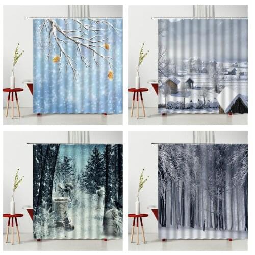 Landscape Shower Curtain Set Snow Scene Forest Train Home Bathroom Bathtub Decoration Waterproof Polyester Fabric