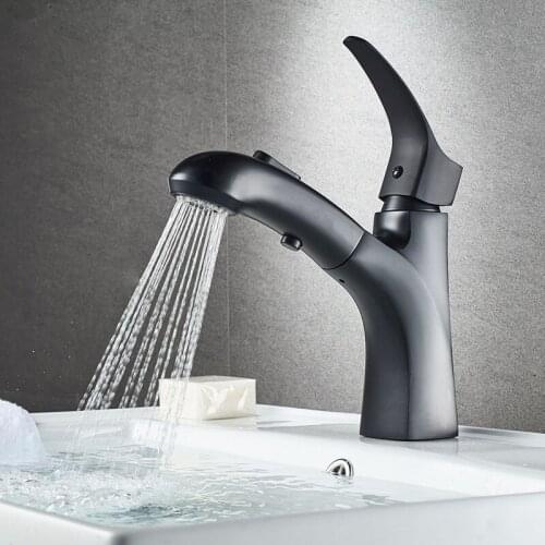 Bathroom Basin Faucets Brass Sink Mixer Tap Hot & Cold Faucet Single Handle Pull Out Spray Nozzle Lavatory Tap Black/Chrome
