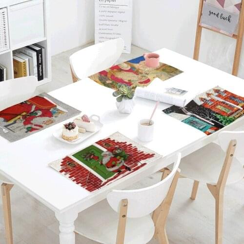 Linen Christmas Drinking Cup Mat Father Christmas table mat Placemat Pad For Family Dinner Party Supplies