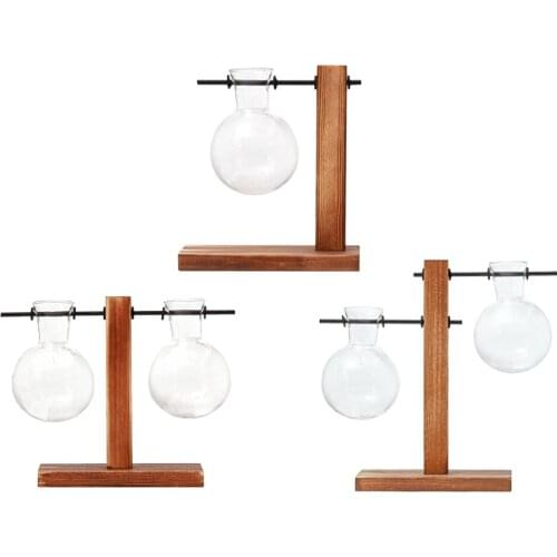 Desktop Plant Terrarium ,Glass Planter Bulb Vase ,Retro Solid Wooden Stand ,for Hydroponics Plants ,Home ,Garden ,Wedding Decor