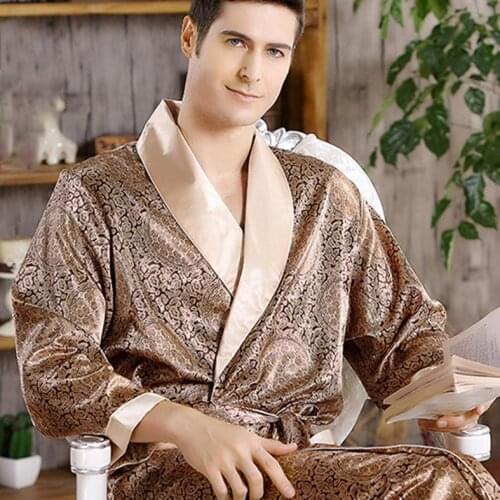 Mens Robe Nightgown Satin Kimono Bathrobe Gown Casual Sleepwear Plus Size Print Gold Home Dressing Gown 3XL 4XL 5XL