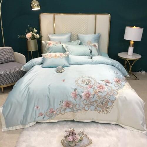 New Luxury 60S Cotton Satin Floral Embroidery Princess Bedding Set Duvet Cover Bedspread Bed Sheet Pillowcases King Queen Size