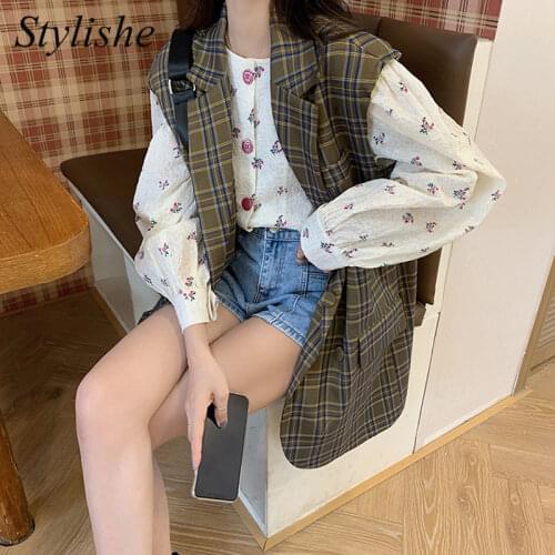 Belted Plaid Blazers Vest Women Loose Long Sleeveless Jackets Female Double Breasted Laple Elegant Chic Waistcoat Spring Autumn