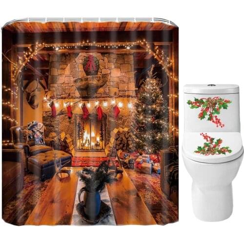 Christmas Shower Curtain Set for Bathroo Warm Living Room Xmas Fireplace Wreath Tree Socks Lights Gift Box