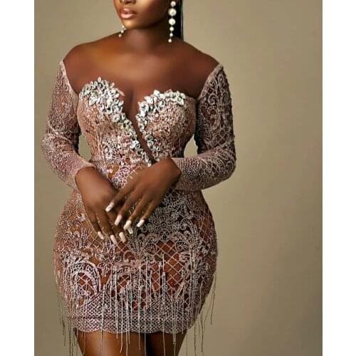 Off Shoulder Lace Prom Dresses Plus Size Long Sleeve Mini Party Gowns with Tassels Short Dress Club Wear