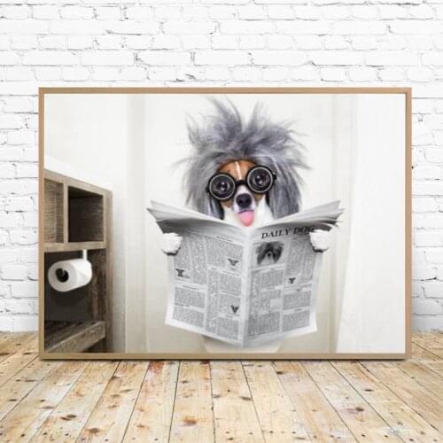 Dog Reading Wall Art Funny Dog Print Poster Quirky Dog Portrait Canvas Painting Picture Dog Lover Gifts Toilet Home Wall Decor