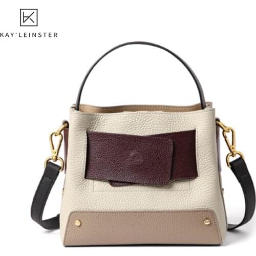 Female Bag New 2021 Genuine Leather Handbag Fashion Contrast Color Leather Bucket Bag Shoulder Messenger Female Bag