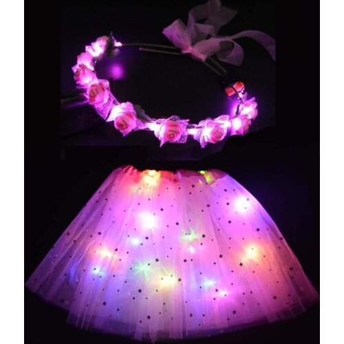 Women LED Glow Ballet Light Tutu Skirt Dance Clothing Wedding Party Headband Flower Girl Crown Birthday Gift Christmas New Year