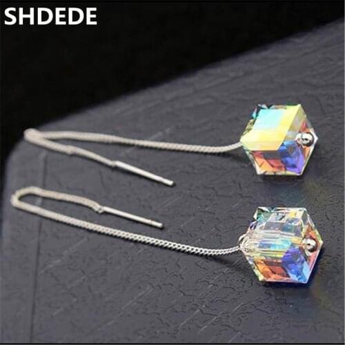 SHDEDE Square Crystal from Swarovski Elements Long Drop Dangle Earrings For Women Ear Line Eardrop Bride Party Jewelry -23075