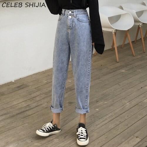 2021 New Harm Pants Woman Jeans Vintage Blue Two Button Denim Pants Elastic Waist Streetwear Y2k Boyfriend Jeans Woman Summer
