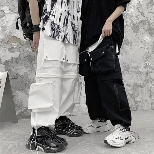 2021 Women Fashion Harajuku Cargo Pants Black Detachable Strap Trousers Female Elastic Waist Streetwear Pants Casual Pants Y524