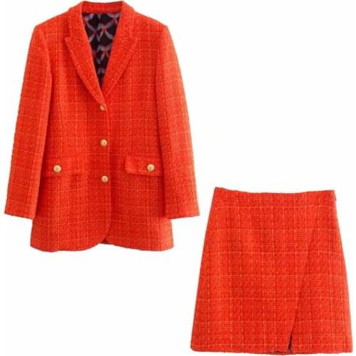 Pinkou Women Tweed Blazer Suit Long Sleeve Single Breasted Jacket Mini Skirt Autumn Female Office Chic Two Piece Set TZ74