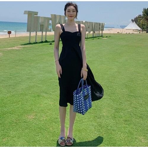 Women Long Backless Black Slip Dress Summer 2021 Runway Slim Strappy Vintage Korean Fairy Casual Beach Vacation Party Dresses
