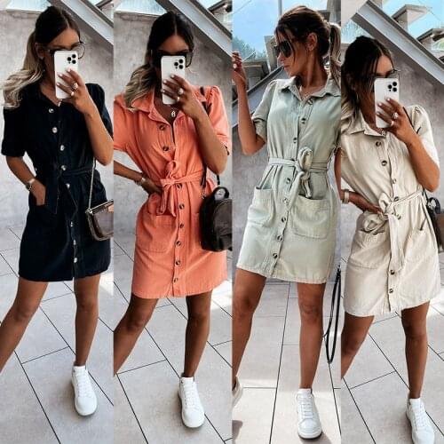 Summer Women Jeans Dress For 2021 With Belt Single Button Loose Solid Color Short Sleeve Sexy Fashion Female Vestido C2674