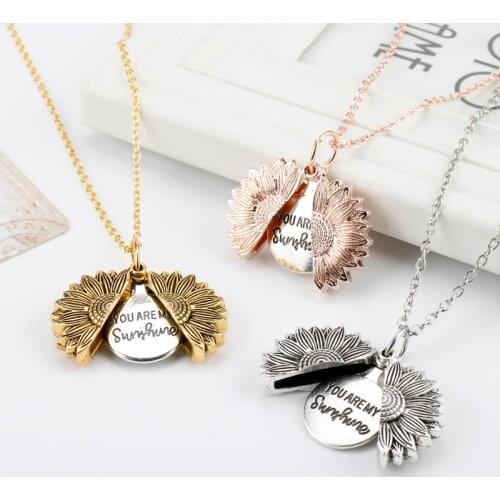 Gold Rose Color Open Locket Necklace Engraved You Are My Sunshine Sunflower Pendant Necklace Unique Party Jewelry Gift