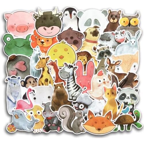 50 PCS Watercolor Animal Sticker Cute Cartoon Educational Toy Stickers Gift for Kids DIY Laptop Suitcase Bicycle Fridge Guitar