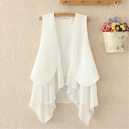 Asymmetry White Summer Long Chiffon Vests For Women Korean Fashion Sleeveless Cardigan Female Vest Waistcoat Black Jacket Coat