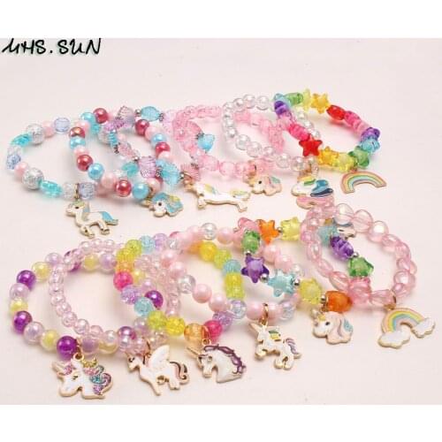 MHS.SUN DIY Acrylic Beaded Bracelet For Baby Girls Cute Rainbow/Unicorn Pendant Elastic Bangle Charm Jewelry For Party Gift 3PCS