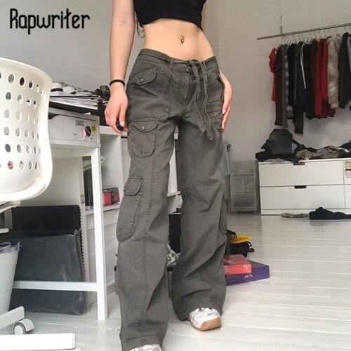 Rapwriter Stylish Jeans Boyfriend Poacket Denim Pants Grunge Mid Waist Pants Fairycore Baggy Pants Women Casual Streetwear