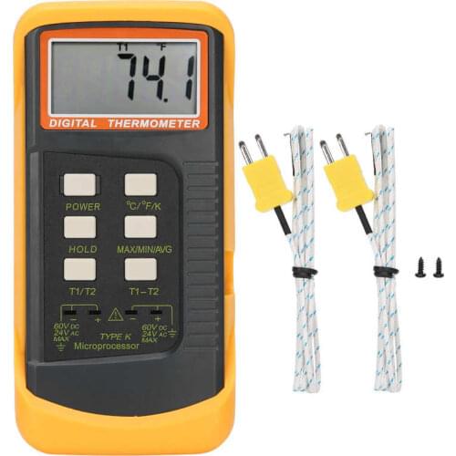 C/F/K Dual Channel Thermocouple Thermometer Handheld Temp Detector Device -200-1370C/-328.0F-2498.0F Food Temperature Meter