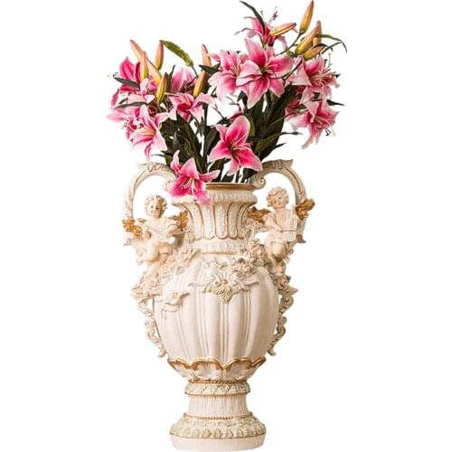 European-style simulation flower arrangement decoration of large vase on the floor of living room gold vase ceramic fengshui