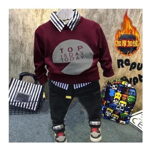 Kids clothesWinter new style 2-6yearsToddler Kids Baby Boys Plush sweater + plush shirt + plush pants 3pcs boys set