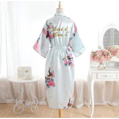 Maid of Honor Long Peacock Print Bathrobe Gown Womens V-Neck Bridesmaids Wedding Kimono Robe Spring Summer Faux Silk Night Dress