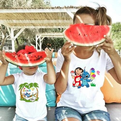 Cute Family Matching Clothing Lilo Stitch Print T-shirts Mommy Baby Outfits Short Sleeve T Shirt Casual Holiday O-neck Top Women