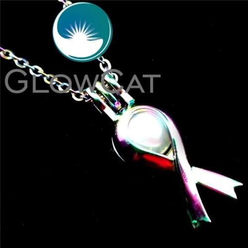 GLOWCAT R-C285 Rainbow Colors Cancer Breast Awareness Ribbon Beads Cage Pendant Perfume Diffuser Pearl Cage Locket Necklace