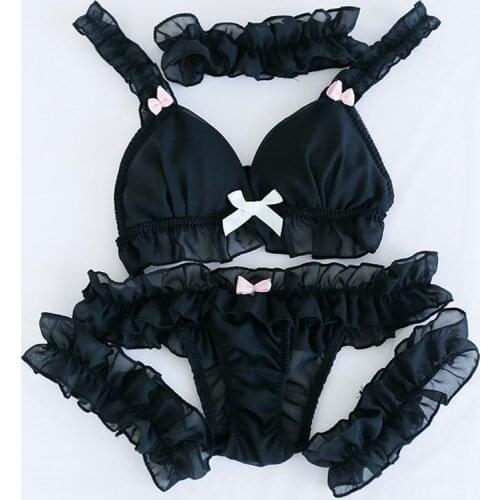 1 Set=5pcs Cosplay Lolita Bra Sets Kawaii Cat Lace Bow Floral Choker Cute Thong Leg Garter Belt Thigh Harness