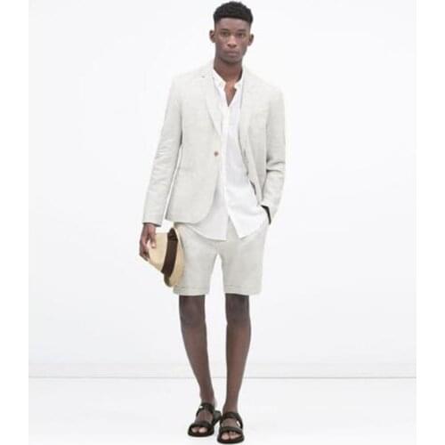 Costume Linen Men Suits With Short Pant For Wedding 2 Pieces(Jacket+Pant+Tie) Slim Fit Terno Masculino Groom Blazer For Man