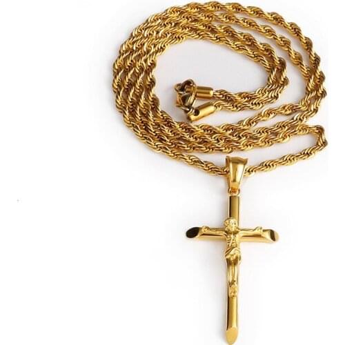 JESUS Cross Pendant Necklace with 60cm Rope Chain Stainless Steel Gold Color Mini Charm Pendant Fashion Jewelry for Men Women