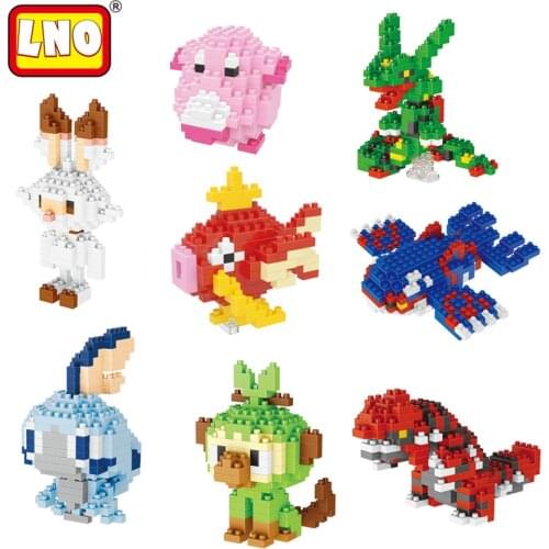 LNO Pokemon Micro Brick DIY Assembly 3D Model Kyogre Rayquaza Groudon Grookey Mini Building Blocks Figures Toys For Kids