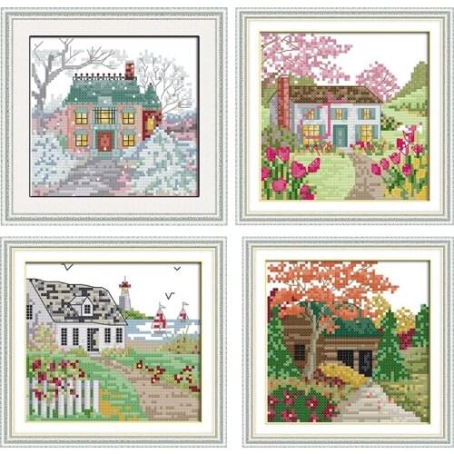 Joy Sunday Hut Season Cross Stitch Kits 11CT 14CT Scenery Printed Patterns Crafts Sewing Needlework Embroidery Counted Set Decor