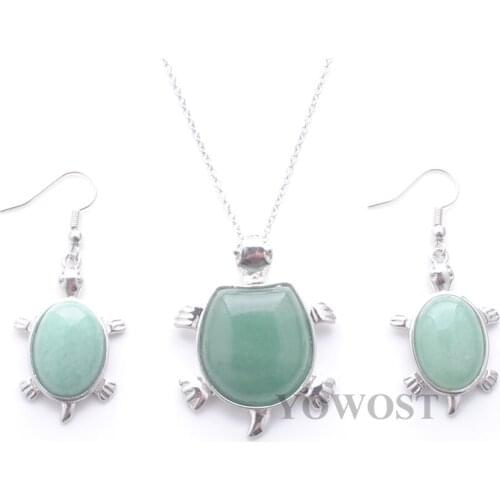 Naturelle Stone Aventurine Women Jewelry Sets Drop Pendant Wedding Party Gift Romantic Hoop Earrings Silvers Chain 18" QQ3101