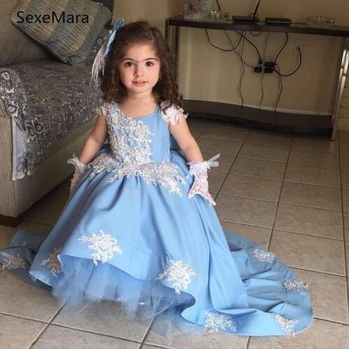 Glitter blue baby girl birthday party dresses kids beauty pageant performing dancing dress celebration gown