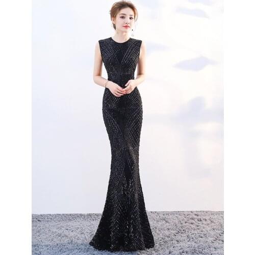 Formal Evening Dress Mermaid O Neck Sleeveless Long Party Gowns Robe Soiree Elegant 2020 Red Gold Black New Sequins Dress
