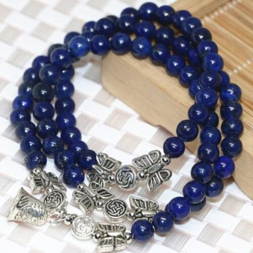 Silver-plated bell pendant natural blue lapis lazuli multilayer long strand bracelets 6mm round beads women luxury jewelry B2240