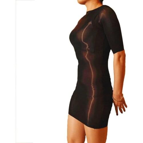 Sexy Women Sheer Spandex Oil Shine Stockings Fetish Mini Dress Short Sleeve Glossy See Through Skinny Bodysuit Lingerie