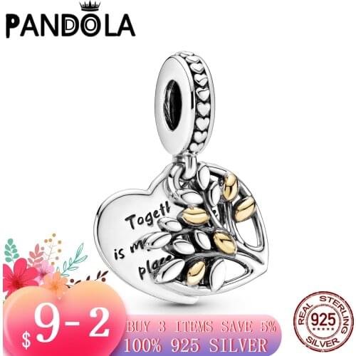 Hot 100% 925 Sterling SILVER charms Two-Tone Family Tree Heart Dangle Charm fit Original Pandora Bracelet silver 925 jewelry