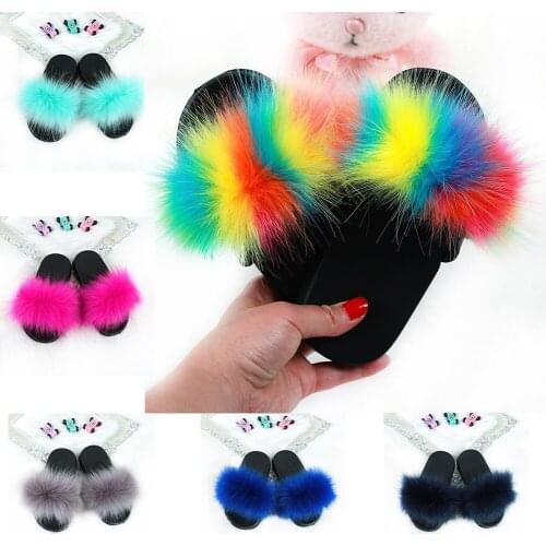 Fur Slides Children Fluffy Slippers Faux Fur Flat Non-slip Rainbow Kids Home Fur Slippers Cute Furry Flip Flops Plush Shoes