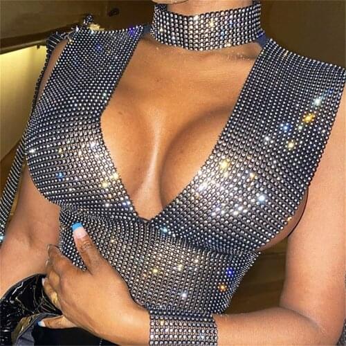 Top Sexy Diamond Deep V Mesh Short Ladies Deep V Super Flash Rhinestone Vest Camping Hiking Beach Crystal Mesh Top