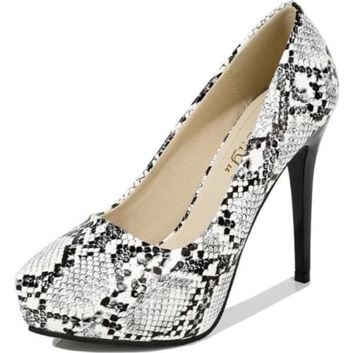 New Women Pointed Toe Pumps Solid Color High Heels Shoes PU Slip On 12CM Thin High heel waterproof Snake pattern shoes woman