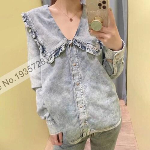 Ladies Vintage Style Ruffled Doll Collar Vintage Style Denim Top With Long Sleeve