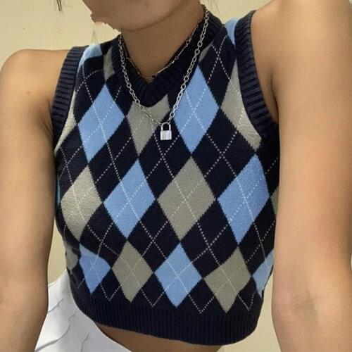 Women Fashion Sleeveless Sweater Vest New V Neck Plaid Knitted Tops Sweater Vest Casual Outwear Top