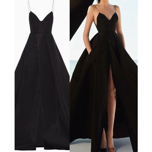 Elegant A-Line Long Satin Prom Dresses with Pockets V-Neck Criss Cross Back Floor Length Robe De Soiree Black Formal Party Gown