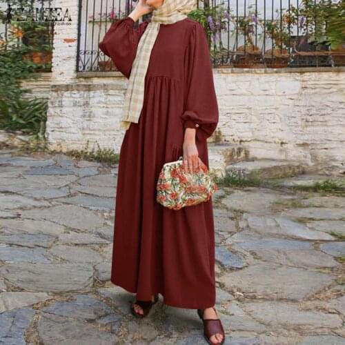 Retro Muslim Dress Women Long Puff Sleeve Abaya Turkey Hijab Dress ZANZEA Casual Solid Islamic Clothing Dubai Sundress Robe 5XL