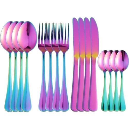 16Pcs Rainbow Stainless Steel Cutlery Tableware Set Dinnerware Dinner Flatware Set Forks Knives Spoons Set Party Home Silverware